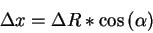 \begin{displaymath}
\Delta x=\Delta R*\cos \left( \alpha \right)
\end{displaymath}